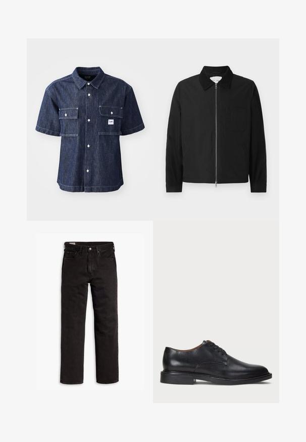 Must musta, pika varrukaga ja lukuga jakk, millel on krae, üks rinna tasku ja kaks küljetaskut, esitatud valgel taustal.; Tume sinine denimist lühikeste varrukatega särk, millel on nööpidega esiosa, kaks rinna taskut ja väike logo silt vasaku tasku lähedal.; Valge puuvillane t-särk lühikeste varrukatega, ümmargune kaelus ja peene Levi'si logo trükituna keskel. Pehme tekstuur ja standardne istuvus.; Mustad sirgedega teksapüksid viie taskuga, nööpidega kinnitamine ja vöökohaga, lamab tasasele valgele taustale.; Must musta kleitjalats ümarate varvastega, paeltega disain ja madal virnastatud konts. Sile tekstuur minimaalsete õmblustega.