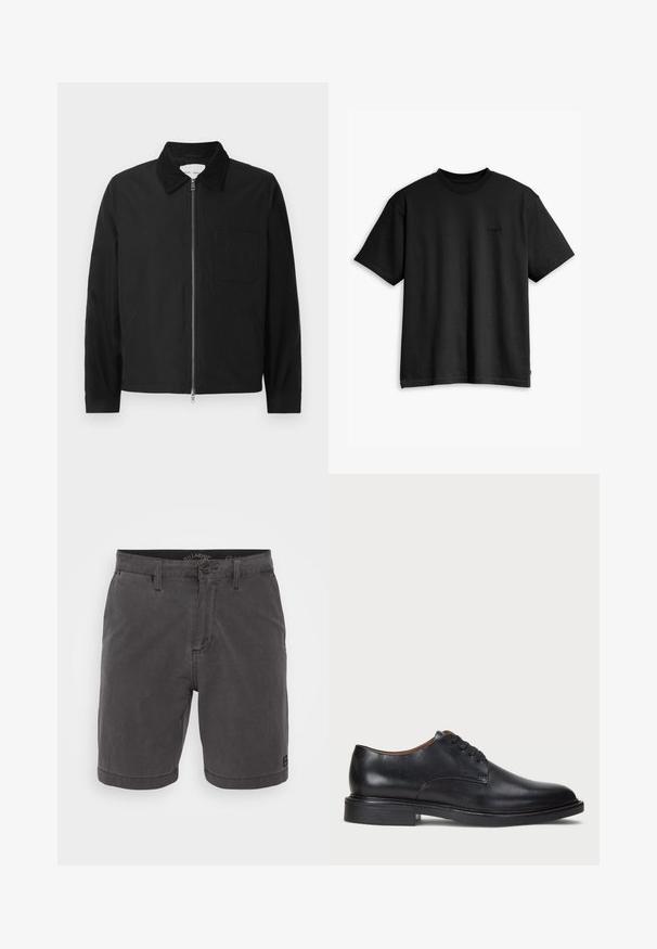 Melna garo piedurkņu zippoga jakas ar apkakli, viena krūšu kabata un divas sānu kabatas, demonstrēta uz balta fona.; Melnas kokvilnas T-krekls ar apaļu apkakli un īsām piedurknēm. Iekļauj diskretu priekšējo logotipu un taisnu apakšmali. Vienkāršs un minimālistisks dizains.; Pelēki kokvilnas šorti ar pogu aizdari, četriem kabatām un austiem uzlīmēm uz apakšas, ar taisnu griezumu un gludu tekstūru.; Melnas ādas kleitu kurpes ar apaļu purngalu, auklu dizainu un zemu sakrautu papēdi. Gluda virsma ar minimālām šuvju detaļām.