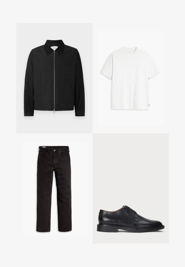 Svart langermet jakke med glidelås og krage, en brystlomme og to sidelommer, vist på en hvit bakgrunn.; Hvit bomulls-T-skjorte med korte ermer, rund hals og en subtil "Levi's"-logo trykt i lys farge på fremsiden.; Svarte rette dongeribukser med fem lommer, knappefeste og beltehemper, lagt flatt på en hvit bakgrunn.; Sorte skinnsko med rund tå, snøring og lav, stablet hæl. Glatt tekstur med minimale sømdetaljer.