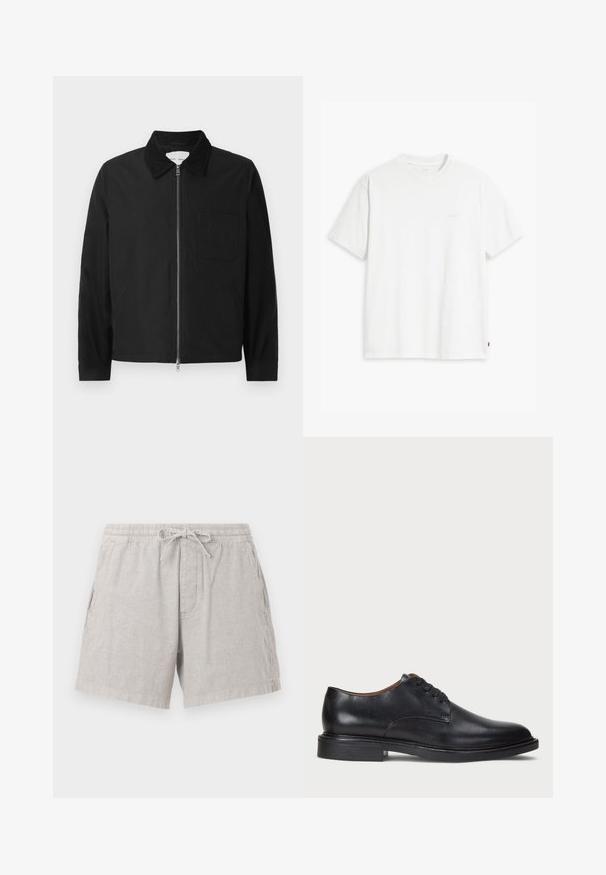 Fekete, hosszú ujjú, zipzáras dzseki gallérral, egy mellzsebbel és két oldalsó zsebbel, fehér háttéren bemutatva.; Fehér pamut póló rövid ujjakkal, kerek nyakkal és diszkrét Levi's logóval a középen. Puha tapintású és szabványos szabású.; Szürke lennadrág rugalmas derékkal és zsinórral. Oldalsó zsebekkel és laza szabással rendelkezik, finom textúrával.; Fekete bőrből készült dresszcipő kerek orral, fűzős kialakítással és alacsony, rétegelt sarkával. Simás felület minimális varrási részletekkel.