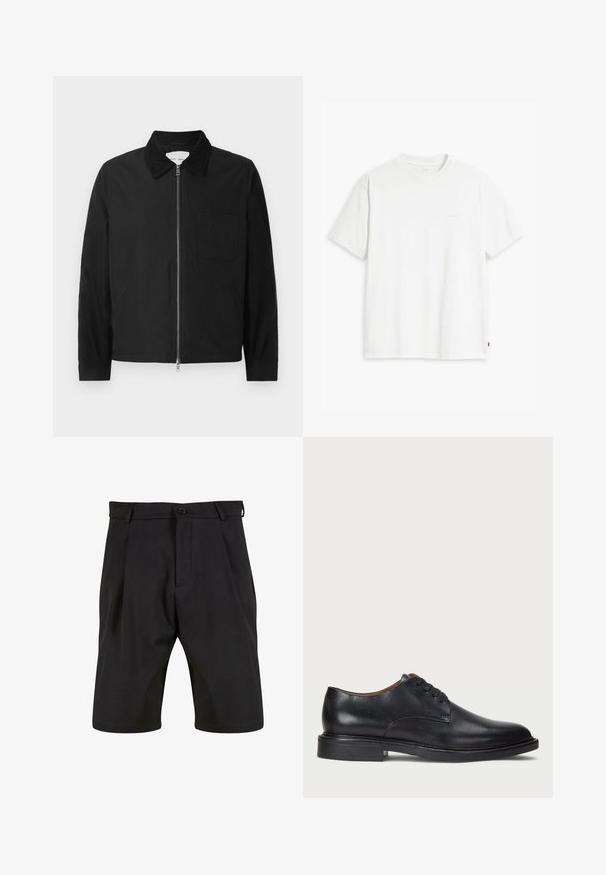 Black long-sleeve zip-up jacket with collar, one chest pocket, and two side pockets, displayed on a white background.; White cotton t-shirt with short sleeves, round neckline, and a subtle "Levi's" logo printed in light color on the front.; Black shorts made of a smooth fabric with a tailored design, featuring a front button closure, pleats, and side pockets.; Black leather dress shoe with a round toe, lace-up design, and a low stacked heel. Smooth texture with minimal stitching details.