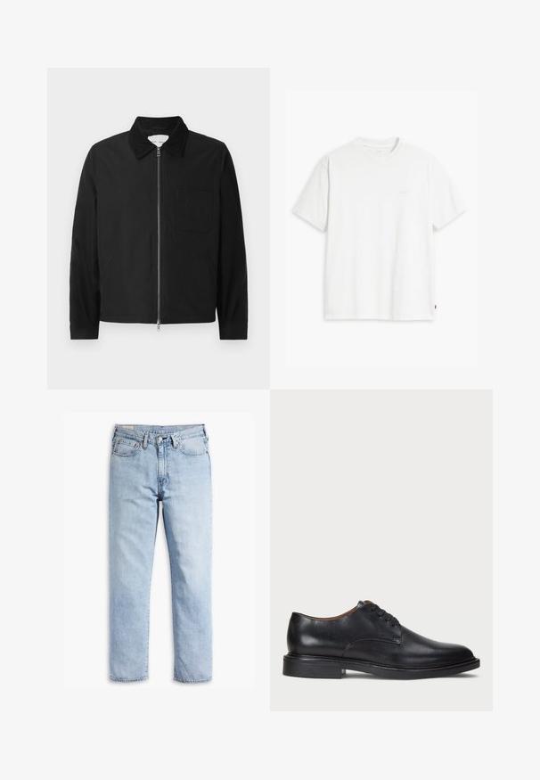 Fekete, hosszú ujjú, zipzáras dzseki gallérral, egy mellzsebbel és két oldalsó zsebbel, fehér háttéren bemutatva.; Fehér pamut rövid ujjú póló, kerek nyakkivágással és egy finom, világos színű "Levi's" logóval az elején.; Világoskék farmernadrág egyenes lábformával, öt zsebes stílussal és strapabíró varrásokkal. Cipzáras eleje és fémgomb felszereltséggel rendelkezik.; Fekete bőrből készült dresszcipő kerek orral, fűzős kialakítással és alacsony, rétegelt sarkával. Simás felület minimális varrási részletekkel.