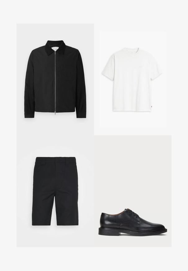Czarna, długorękawowa kurtka zapinana na zamek z kołnierzem, jedną kieszenią na piersi i dwiema kieszeniami po bokach, prezentowana na białym tle.; Biała bawełniana koszulka z krótkim rękawem, okrągłym dekoltem i dyskretnym logo Levi's nadrukowanym na środku. Miękka tekstura i standardowy krój.; Czarne bawełniane szorty o prostym kroju, z szlufkami na pasek i wykończeniem dołu bez szwów. Posiadają ukryte kieszenie z przodu oraz gładką fakturę.; Czarne skórzane buty wizytowe z okrągłym noskiem, sznurowanym zapięciem i niskim, warstwowym obcasem. Gładka faktura z minimalnymi detalami stębnowania.