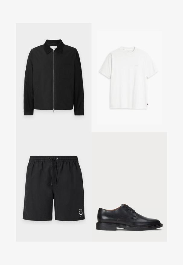 Fekete, hosszú ujjú, zipzáras dzseki gallérral, egy mellzsebbel és két oldalsó zsebbel, fehér háttéren bemutatva.; Fehér pamut rövid ujjú póló, kerek nyakkivágással és egy finom, világos színű "Levi's" logóval az elején.; Fekete úszószort, könnyű anyagból készült. Rugalmas derékpánt, húzózsinórral és ezüsttel végződő végekkel. Fehér logó nyomtatva a bal alsó részen.; Fekete bőrből készült dresszcipő kerek orral, fűzős kialakítással és alacsony, rétegelt sarkával. Simás felület minimális varrási részletekkel.