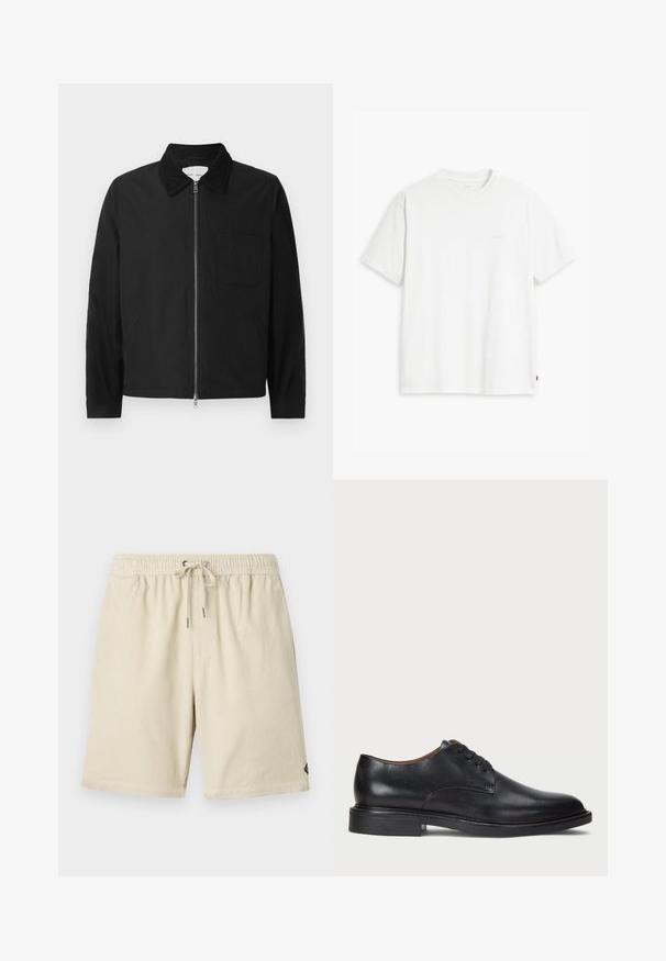 Čierna dlhá mikina na zips s golierom, jednou náprsní kapsou a dvoma bočnými vreckami, vystavená na bielom pozadí.; Biely bavlnený tričko s krátkymi rukávmi, okrúhlym výstrihom a jemným logom Levi's potlačeným v strede. Mäkčená textúra a štandardný strih.; Béžové kordové šortky s elastickým pásom a šnúrkou, ktoré majú jemnú vertikálnu ryhovanú textúru a malú nášivku na boku.; Čierne kožené spoločenské topánky s okrúhlym špičkou, šnurovacím dizajnom a nízkym zloženým podpätkom. Hladký povrch s minimálnymi švovými detailmi.