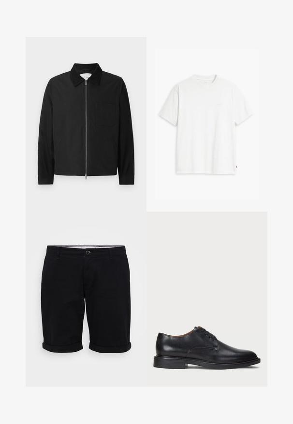 Giacca nera a maniche lunghe con zip e colletto, una tasca sul petto e due tasche laterali, presentata su uno sfondo bianco.; T-shirt bianca in cotone con maniche corte, colletto tondo e logo Levi's discreto stampato al centro. Texture morbida e vestibilità standard.; Pantaloni corti neri in cotone con taglio dritto, risvolti e chiusura frontale con bottone. Presentano tasche e una cintura interna con motivo.; Scarpa da uomo in pelle nera con punta rotonda, design con lacci e tacco basso impilato. Texture liscia con dettagli di cucitura minimi.