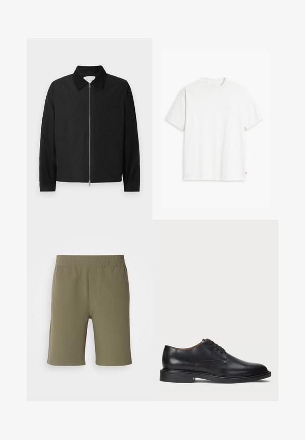 Schwarze Langarm-Jacke mit Reißverschluss und Kragen, einer Brusttasche und zwei Seitentaschen, auf einem weißen Hintergrund präsentiert.; Weißes Baumwoll-T-Shirt mit kurzen Ärmeln, Rundhalsausschnitt und dezentem Levi's-Logo in der Mitte. Weicher Stoff und normale Passform.; Olivgrüne Shorts mit elastischem Bund, geradem Schnitt und glatter Textur. Verfügt über ein schlichtes Design ohne Taschen oder Verzierungen.; Schwarze Lederdressschuhe mit runder Zehenform, Schnürdesign und niedrigem gestapeltem Absatz. Glatte Textur mit minimalen Nähten.