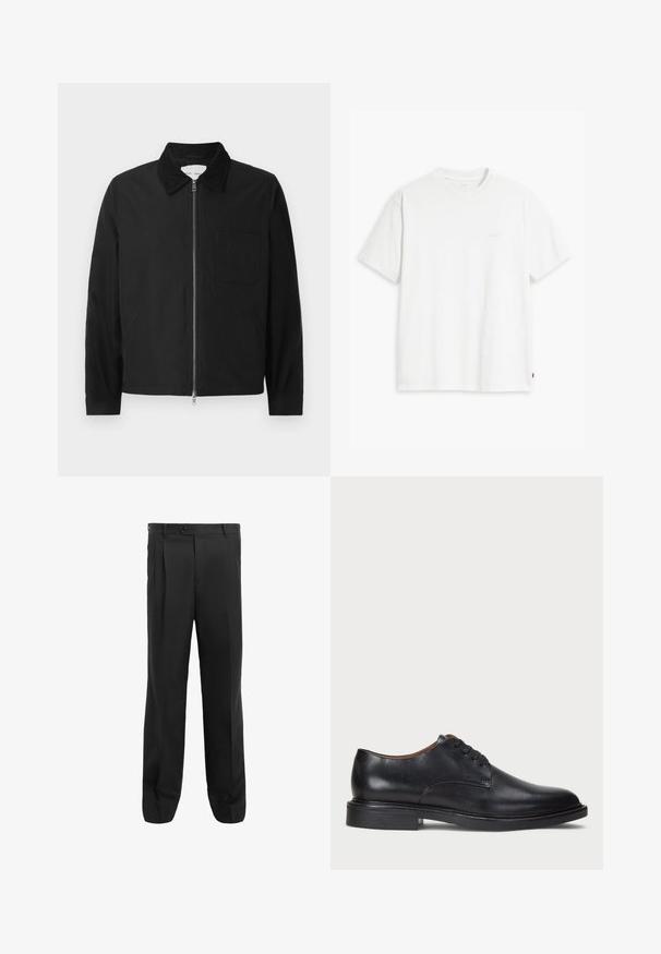 Schwarze Langarm-Jacke mit Reißverschluss und Kragen, einer Brusttasche und zwei Seitentaschen, auf einem weißen Hintergrund präsentiert.; Weißes Baumwoll-T-Shirt mit kurzen Ärmeln, rundem Ausschnitt und einem dezenten "Levi's"-Logo in heller Farbe auf der Vorderseite.; Schwarze Hose mit geradem Bein, ausgestattet mit Falten, einem Knopfverschluss und Gürtelschlaufen. Aus glattem Material gefertigt.; Schwarze Lederdressschuhe mit runder Zehenform, Schnürdesign und niedrigem gestapeltem Absatz. Glatte Textur mit minimalen Nähten.
