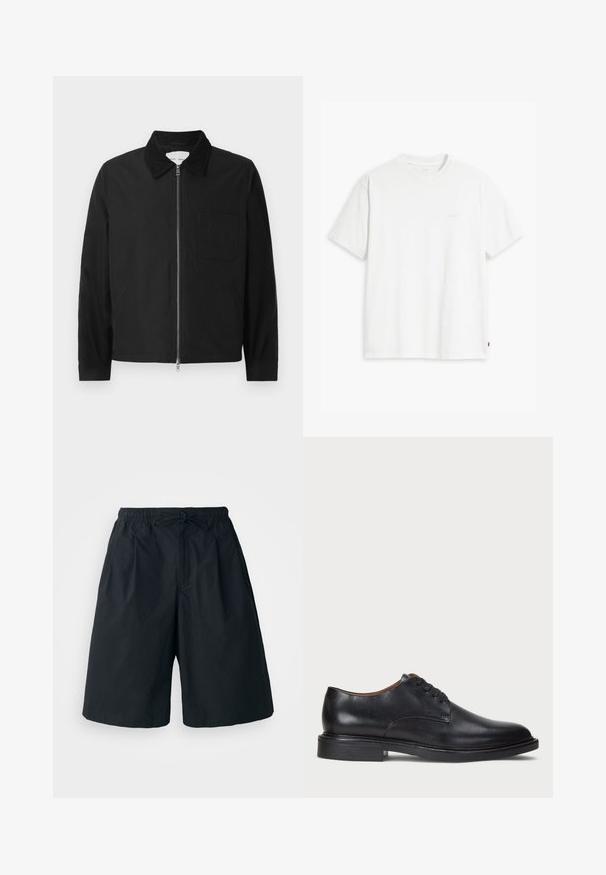Svart langermet jakke med glidelås og krage, en brystlomme og to sidelommer, vist på en hvit bakgrunn.; Hvit bomulls-T-skjorte med korte ermer, rund hals og en subtil "Levi's"-logo trykt i lys farge på fremsiden.; Svarte shorts med elastisk midje og justerbar snor. Laget av et glatt stoff, med løs passform og uten synlige mønstre.; Sorte skinnsko med rund tå, snøring og lav, stablet hæl. Glatt tekstur med minimale sømdetaljer.