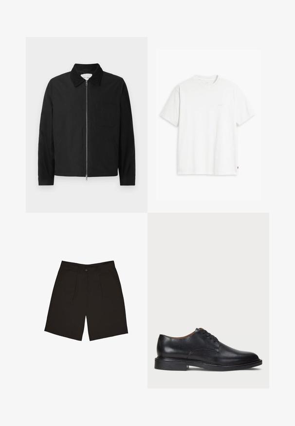 Schwarze Langarm-Jacke mit Reißverschluss und Kragen, einer Brusttasche und zwei Seitentaschen, auf einem weißen Hintergrund präsentiert.; Weißes Baumwoll-T-Shirt mit kurzen Ärmeln, Rundhalsausschnitt und dezentem Levi's-Logo in der Mitte. Weicher Stoff und normale Passform.; Schwarze Shorts aus einem glatten Stoff, mit einem einzigen Knopf an der Vorderseite, Falten und Seitentaschen, entworfen für eine lockere Passform.; Schwarze Lederdressschuhe mit runder Zehenform, Schnürdesign und niedrigem gestapeltem Absatz. Glatte Textur mit minimalen Nähten.
