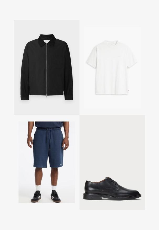 Juodas ilgomis rankovėmis užtraukiamas džemperis su apykakle, viena krūtinės kišenė ir dvi šoniniai kišenės, rodomas ant baltos fono.; Balta medvilninė marškinė su trumpomis rankovėmis, apvaliu kaklu ir subtiliu Levi's logotipu viduryje. Minkšta tekstūra ir standartinė išvaizda.; Jūrų mėlynumo medvilnės šortai su elastine juosta, raišteliu, šoninėmis kišenėmis ir "GUESS" logotipu priekyje.; Juodas odinis suknių batelis su apvalia nosimi, raišteliais ir žemu, sukrautu kulnu. Lygus paviršius su minimaliais siuvinėjimo detalėmis.