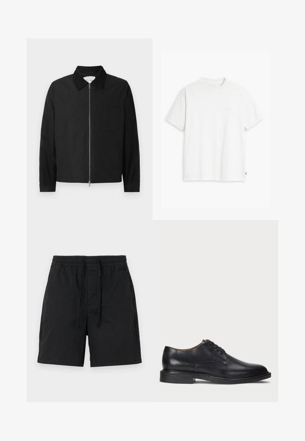 Černá pánská mikina na zip s dlouhým rukávem a límcem, jednou náprsní kapsou a dvěma bočními kapsami, vystavená na bílém pozadí.; Bílá bavlněná tričko s krátkými rukávy, klasickým výstřihem a decentním logem Levi's vytištěným uprostřed. Měkká textura a standardní střih.; Černé šortky s elastickým pasem a šňůrkou. Vyrobené z lehkého materiálu s bočními kapsami a jednoduchým, klasickým designem.; Černé kožené společenské boty s kulatou špičkou, šněrováním a nízkým podpatkem. Hladký povrch s minimálním šitím.