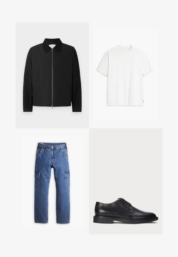 Jachetă neagră cu mâneci lungi, cu fermoar și guler, un buzunar pe piept și două buzunare laterale, prezentată pe un fundal alb.; Tricou alb din bumbac cu mâneci scurte, guler rotund și logo-ul subtil Levi's imprimat în centrul său. Textură moale și croială standard.; Pantaloni cargo din denim albastru cu un design dreaptă, două buzunare laterale și detalii vizibile de coasere. În general, un stil casual și funcțional.; Pantofle din piele neagră cu vârful rotund, design cu șireturi și toc jos stratificat. Textură netedă cu detalii de cusătură minime.