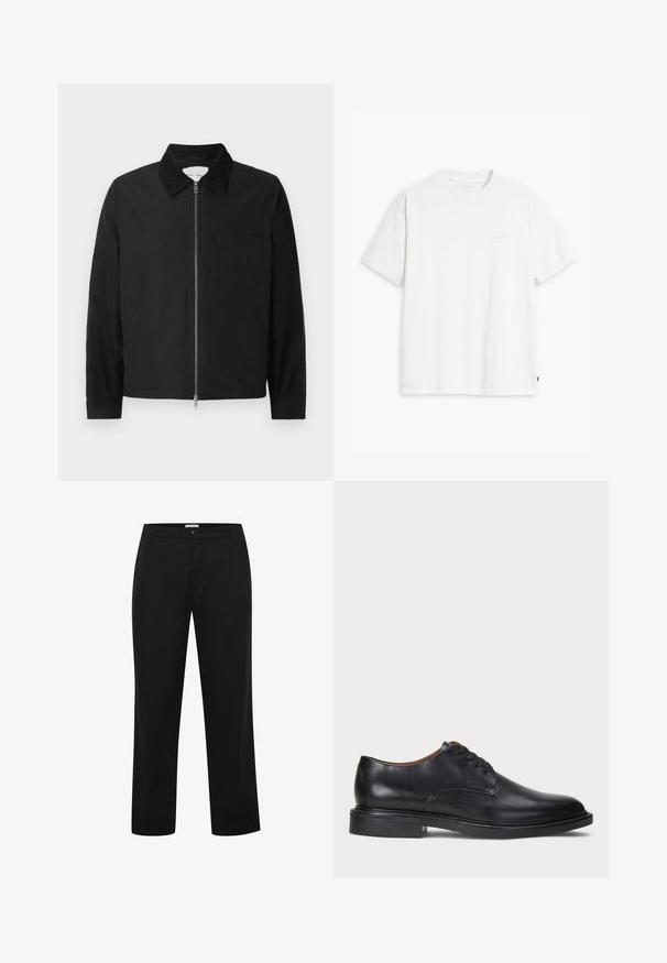 Black long-sleeve zip-up jacket with collar, one chest pocket, and two side pockets, displayed on a white background.; White cotton t-shirt with short sleeves, crew neck, and subtle Levi's logo printed in the center. Soft texture and standard fit.; Black pants with a straight-leg design, made of smooth fabric, featuring a button closure and belt loops. No visible patterns or accents.; Black leather dress shoe with a round toe, lace-up design, and a low stacked heel. Smooth texture with minimal stitching details.
