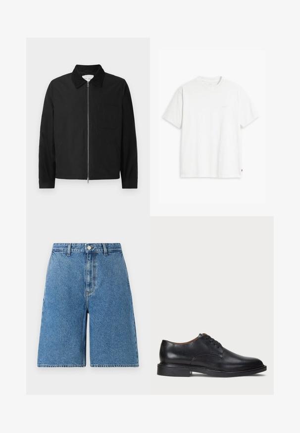 Black long-sleeve zip-up jacket with collar, one chest pocket, and two side pockets, displayed on a white background.; White cotton t-shirt with short sleeves, round neckline, and a subtle "Levi's" logo printed in light color on the front.; Blue denim shorts with a high waist, featuring a front button closure, side pockets, and a straight leg design.; Black leather dress shoe with a round toe, lace-up design, and a low stacked heel. Smooth texture with minimal stitching details.