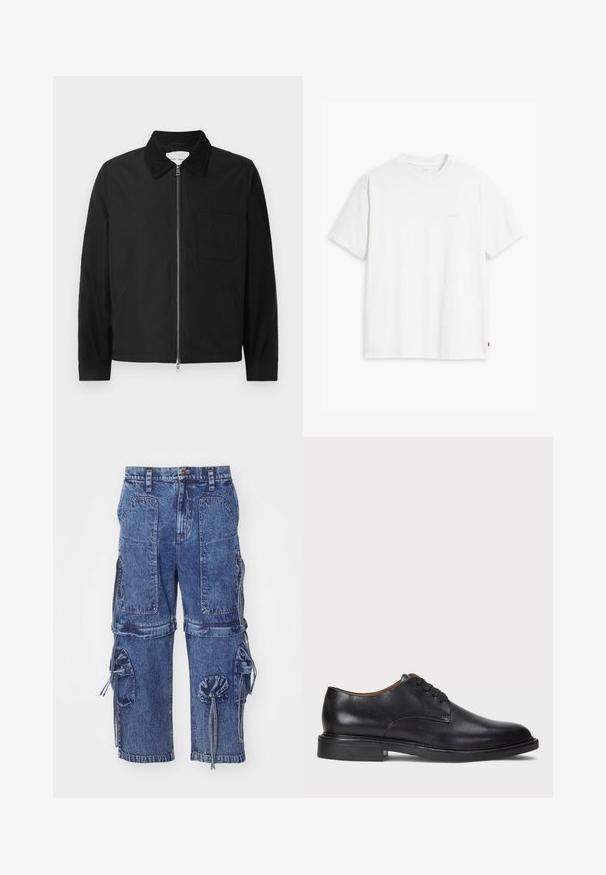 Melna garo piedurkņu zippoga jakas ar apkakli, viena krūšu kabata un divas sānu kabatas, demonstrēta uz balta fona.; Balta kokvilnas T-krekls ar īsām piedurknēm, apaļu kakla izgriezumu un maigi redzamu Levi's logotipu centrā. Mīksta tekstūra un standarta piegriezums.; Zili denim kravas bikses ar vairākām kabatām, ar aukliņu un brīvu piegriezumu. Raksturīga izbalējusi tekstūra un pogu aizdare.; Melnas ādas kleitu kurpes ar apaļu purngalu, auklu dizainu un zemu sakrautu papēdi. Gluda virsma ar minimālām šuvju detaļām.