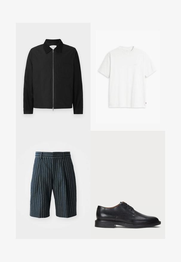 Giacca nera a maniche lunghe con zip e colletto, una tasca sul petto e due tasche laterali, presentata su uno sfondo bianco.; T-shirt bianca in cotone con maniche corte, scollo rotondo e un sottile logo "Levi's" stampato in colore chiaro sul davanti.; Pantaloni corti blu a righe sottili con taglio dritto, dotati di un elastico in vita e pieghe, realizzati in un tessuto strutturato. Nessuna tasca o dettaglio in metallo visibile.; Scarpa da uomo in pelle nera con punta rotonda, design con lacci e tacco basso impilato. Texture liscia con dettagli di cucitura minimi.