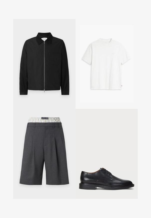 Black long-sleeve zip-up jacket with collar, one chest pocket, and two side pockets, displayed on a white background.; White cotton t-shirt with short sleeves, round neckline, and a subtle "Levi's" logo printed in light color on the front.; Gray tailored bermuda shorts with a pleat design, featuring a contrasting striped waistband. Made from a textured fabric.; Black leather dress shoe with a round toe, lace-up design, and a low stacked heel. Smooth texture with minimal stitching details.