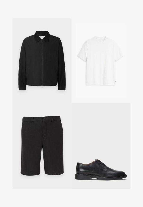 Black long-sleeve zip-up jacket with collar, one chest pocket, and two side pockets, displayed on a white background.; White cotton t-shirt with short sleeves, round neckline, and a subtle "Levi's" logo printed in light color on the front.; Black linen shorts with a button-front closure, flat front design, and straight cut. Lightweight fabric with a smooth finish.; Black leather dress shoe with a round toe, lace-up design, and a low stacked heel. Smooth texture with minimal stitching details.