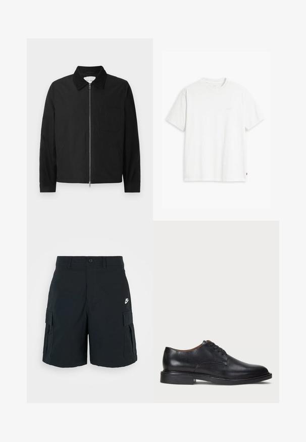 Svart langermet jakke med glidelås og krage, en brystlomme og to sidelommer, vist på en hvit bakgrunn.; Hvit bomulls-T-skjorte med korte ermer, rund hals og en subtil "Levi's"-logo trykt i lys farge på fremsiden.; Sorte cargo shorts i lett materiale, med to sidelommer, en klafflomme og en liten hvit logo på lår.; Sorte skinnsko med rund tå, snøring og lav, stablet hæl. Glatt tekstur med minimale sømdetaljer.