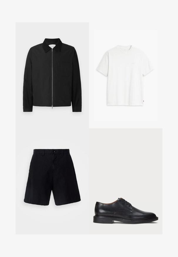 Must musta, pika varrukaga ja lukuga jakk, millel on krae, üks rinna tasku ja kaks küljetaskut, esitatud valgel taustal.; Valge puuvillane T-särk lühikeste varrukatega, ümmarguse kaelusega ja esiküljel heledas toonis peen "Levi's" logo.; Kergedest mustad lühikesed püksid, mis on valmistatud kerge kangaga, lõdva lõikega. Pükstel on nööp sulgemine, vööniidid ja küljetaskud.; Must musta kleitjalats ümarate varvastega, paeltega disain ja madal virnastatud konts. Sile tekstuur minimaalsete õmblustega.