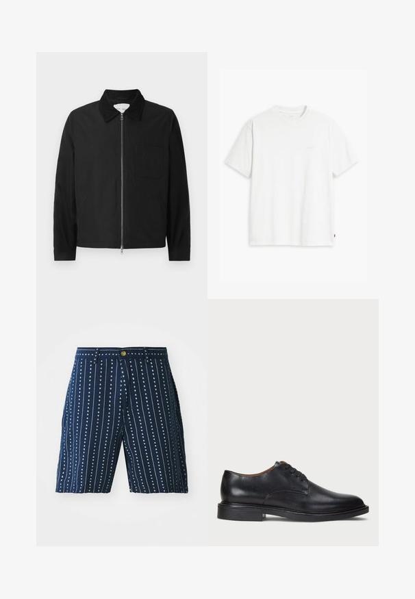 Zwarte lange mouwen ritsjack met kraag, een borstzak en twee zijzakken, weergegeven op een witte achtergrond.; Wit katoenen T-shirt met korte mouwen, ronde hals en een subtiel "Levi's" logo in een lichte kleur op de voorkant gedrukt.; Marineblauwe shorts met verticale witte strepen en kleine hartpatronen, voorzien van een knoopsluiting en riemlussen. Gemaakt van lichte stof.; Zwart leren dresschoen met een ronde neus, vetersluiting en een lage gestapelde hak. Gladde textuur met minimale stiksels.