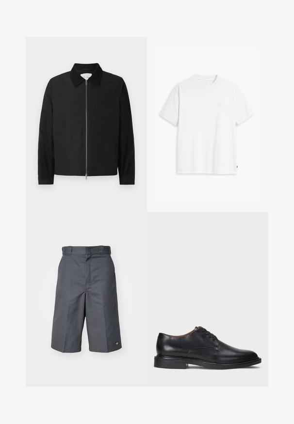 Black long-sleeve zip-up jacket with collar, one chest pocket, and two side pockets, displayed on a white background.; White cotton t-shirt with short sleeves, round neckline, and a subtle "Levi's" logo printed in light color on the front.; Gray shorts made from durable fabric, featuring a straight cut, two side pockets, and a small logo on the back pocket.; Black leather dress shoe with a round toe, lace-up design, and a low stacked heel. Smooth texture with minimal stitching details.