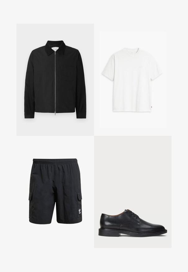 Juodas ilgomis rankovėmis užtraukiamas džemperis su apykakle, viena krūtinės kišenė ir dvi šoniniai kišenės, rodomas ant baltos fono.; Balti medvilninė marškinėliai su trumpomis rankovėmis, apvali apykakle ir subtiliu šviesios spalvos „Levi's" logotipu priekyje.; Juodosios krovinių šortai su elastinga juosmens juosta, dviem šoninėmis kišenėmis ir logotipu ant apatinės kojos. Pagaminti iš lengvos medžiagos su glotnia tekstūra.; Juodas odinis suknių batelis su apvalia nosimi, raišteliais ir žemu, sukrautu kulnu. Lygus paviršius su minimaliais siuvinėjimo detalėmis.