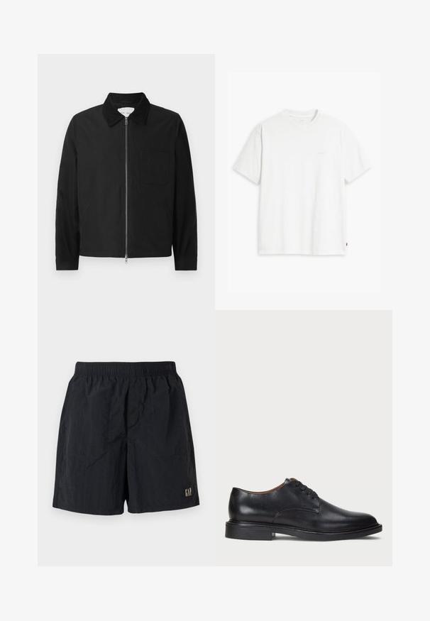 Sort langærmet zip-jakke med krave, en brystlomme og to sidelommer, præsenteret på en hvid baggrund.; Hvid bomulds T-shirt med korte ærmer, rund hals og en diskret Levi's logo trykt i midten. Blød tekstur og standard pasform.; Sorte shorts med elastisk talje, med et logomærke nederst til højre, lavet af letvægtsstof med en krøllet tekstur.; Sorte læder dress sko med rund tå, snørelukning og en lav stablet hæl. Glat tekstur med minimale syningsdetaljer.