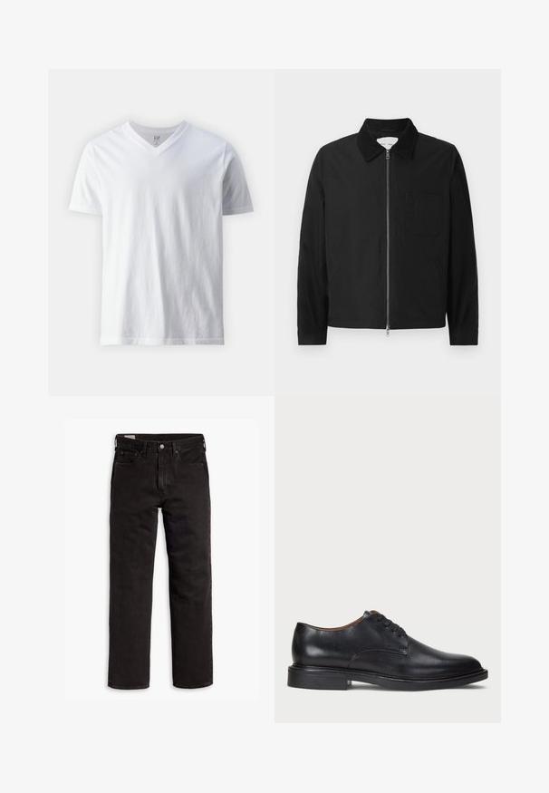 Black long-sleeve zip-up jacket with collar, one chest pocket, and two side pockets, displayed on a white background.; Short-sleeve, V-neck white T-shirt made of cotton. Features a plain design with a smooth texture and a relaxed fit.; Black straight-leg denim jeans with five pockets, button closure, and belt loops, laid flat on a white background.; Black leather dress shoe with a round toe, lace-up design, and a low stacked heel. Smooth texture with minimal stitching details.