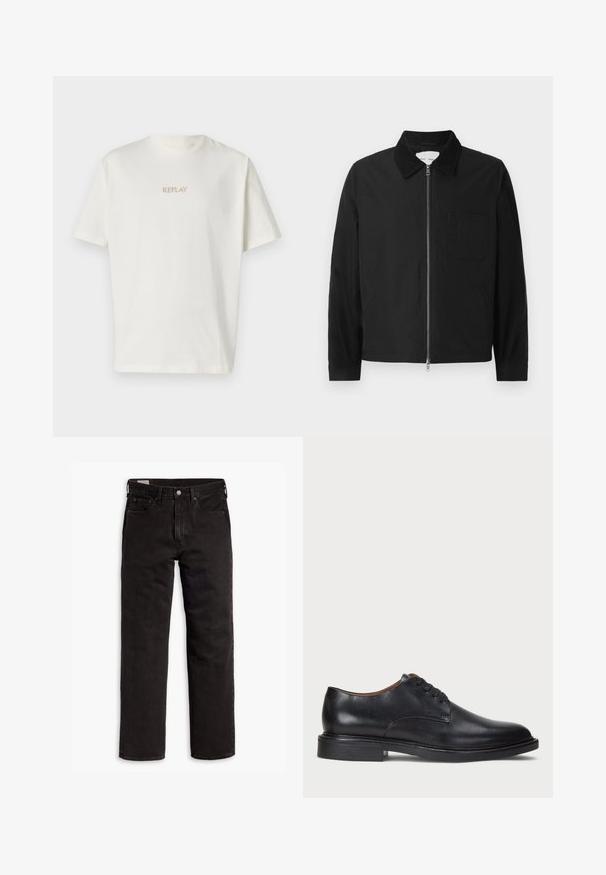 Black long-sleeve zip-up jacket with collar, one chest pocket, and two side pockets, displayed on a white background.; White cotton t-shirt with a round neckline and short sleeves, featuring a small, gold embroidered "REPLAY" logo on the chest.; Black straight-leg denim jeans with five pockets, button closure, and belt loops, laid flat on a white background.; Black leather dress shoe with a round toe, lace-up design, and a low stacked heel. Smooth texture with minimal stitching details.