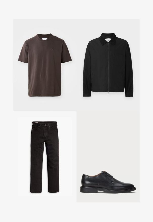 Black long-sleeve zip-up jacket with collar, one chest pocket, and two side pockets, displayed on a white background.; Brown cotton t-shirt with a ribbed crew neck. Features a small white logo on the left chest. Short sleeves and a straight hem.; Black straight-leg denim jeans with five pockets, button closure, and belt loops, laid flat on a white background.; Black leather dress shoe with a round toe, lace-up design, and a low stacked heel. Smooth texture with minimal stitching details.