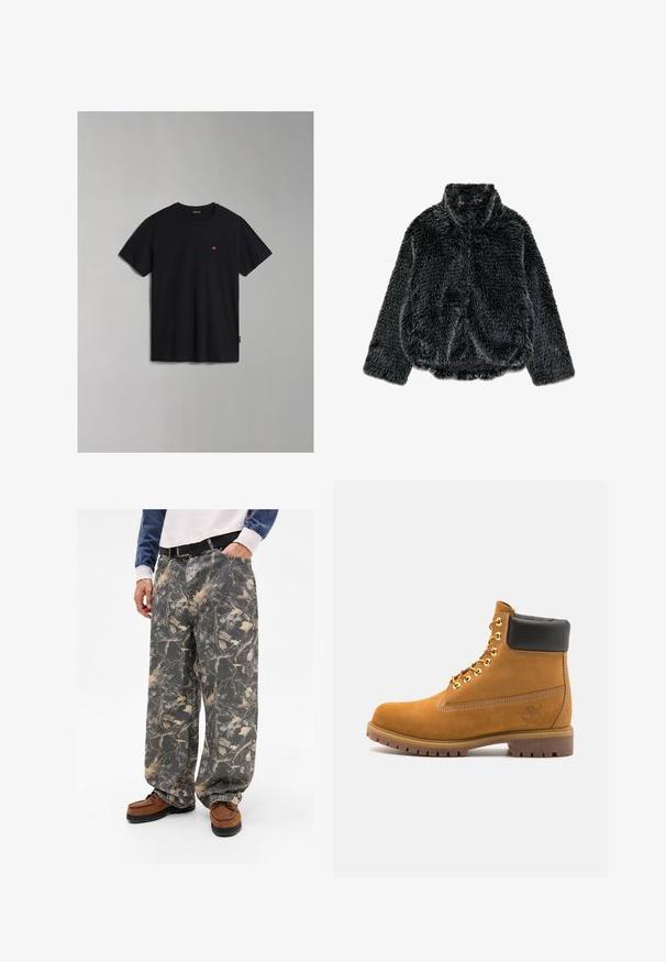 Juodas dirbtinio kailio švarkas su ilgomis rankovėmis, aukštu apykakle ir šiek tiek susiraukšlėtu apačiu, išdėstytas ant balto fono.; Juodas hoodie su priekinės grafikos siluetu prieš tekstūruotą foną, su baltais akcentais ant rankovių ir kengūros kišenėje.; Juodas medvilnės marškinėlis su apvaliu iškirpimu ir trumpomis rankovėmis. Yra nedidelis logotipo detalė ant krūtinės ir šonas žymė. Lygus paviršius.; Pilkos plačios kelnės su lapų ir šakų raštu, pagamintos iš džinsinio audinio. Suderintos su rudais loafers batais, demonstruojančiomis kasdienį aprangą.; Tan spalvą turintys suknelės batus iki kulkšnies su juodu paminkštintu apvadu, auksiniais metaliniais akių užsegimais, baltais siūlų dekoratyviniais elementais ir tvirtu guminiu padu su ryškiai išreikštais raštais.