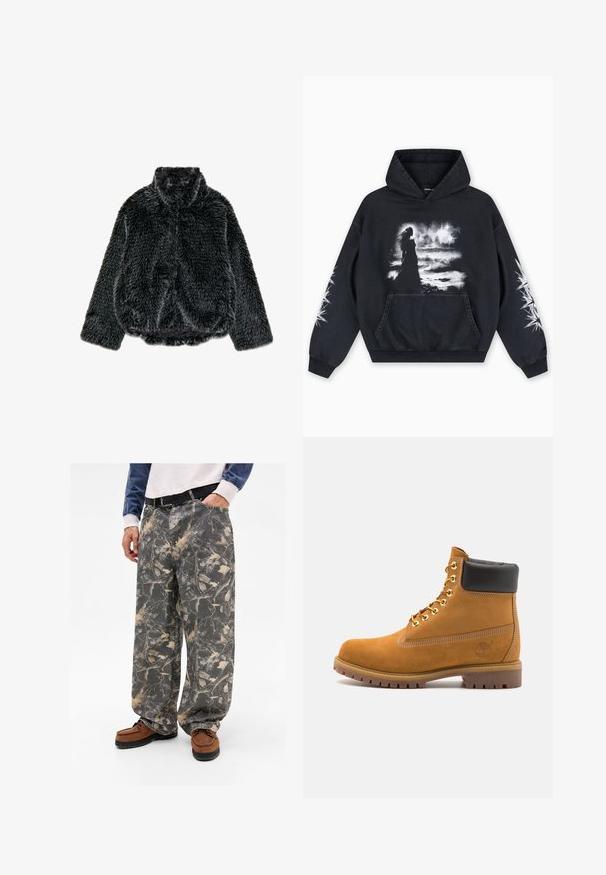 Crna lažna krzna jakna s dugim rukavima, visokim ovratnikom i blago nabranim rubom, prikazana ravno na bijeloj pozadini.; Crna majica s kapuljačom s prednjim grafičkim otiskom lika na oblacima u pozadini. Uključuje džep kengur i uzorke zvijezda na rukavima.; Proširene siva hlače s uzorkom lišća i grana, izrađene od denima. Uparene s smeškim mokasinkama, prikazujući ležernu odjeću.; Antracitne antilop čizme do gležnjeva s crnim podstavljenim ovratnikom, zlatnim metalnim rupicama, bijelim šavovima i robusnom gumenom potplatom s izraženim šarama.