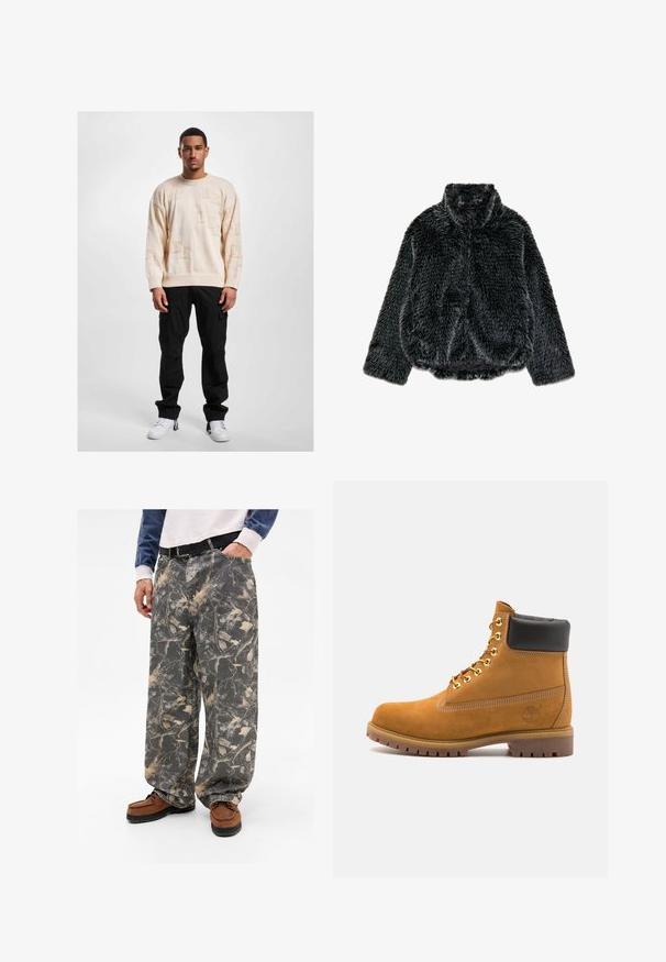 Chaqueta de piel sintética negra con mangas largas, cuello alto y dobladillo ligeramente fruncido, presentada plana sobre un fondo blanco.; Suéter de punto beige con patrones en relieve, cuello redondo y hombros caídos, combinado con pantalones cargo negros y zapatillas blancas.; Pantalones grises holgados con un patrón de hojas y ramas, hechos de mezclilla. Combinados con mocasines marrones, mostrando un atuendo casual.; Botín de ante marrón claro con collar acolchado negro, ojales de metal dorado, detalles de costura blanca y suela de goma resistente con tacos pronunciados.