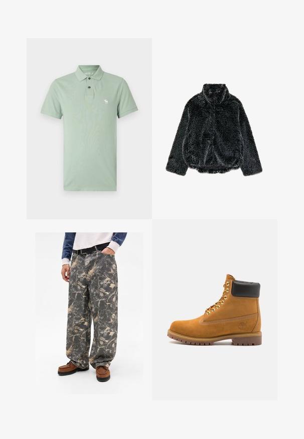 Zwarte nepbontjacket met lange mouwen, hoge kraag en licht bijeen geraapte zoom, plat getoond op een witte achtergrond.; Abercrombie & Fitch Icon Don't Sweat It Polo - Poloshirt - basil; Lossen grijze broek met een bladeren- en takkenpatroon, gemaakt van denim. Gecombineerd met bruine instappers, wat een casual outfit laat zien.; Tan suède enkelboot met zwart gevoerd kraagje, gouden metalen oogjes, witte stikdetails en een robuuste rubberen zool met uitgesproken profiel.