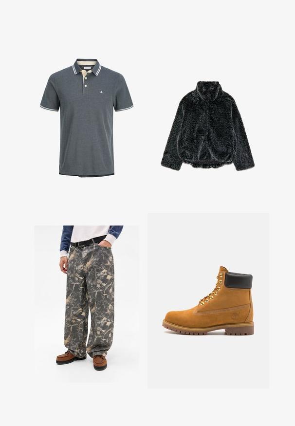 Zwarte nepbontjacket met lange mouwen, hoge kraag en licht bijeen geraapte zoom, plat getoond op een witte achtergrond.; Heren polo shirt in donkergrijs met een gestructureerde weving. Voorzien van een crèmekleurige kraag met marineblauwe strepen en een placket met drie knopen. Klein logo op de borst.; Lossen grijze broek met een bladeren- en takkenpatroon, gemaakt van denim. Gecombineerd met bruine instappers, wat een casual outfit laat zien.; Tan suède enkelboot met zwart gevoerd kraagje, gouden metalen oogjes, witte stikdetails en een robuuste rubberen zool met uitgesproken profiel.