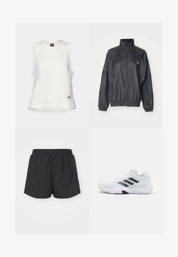 Black zip-up jacket featuring a high collar, elasticated cuffs, and a gathered waist. Made from lightweight, smooth fabric with a logo detail.; Black cropped hoodie with a drawstring hood, ribbed hem, and raglan sleeves. Features a logo on the left sleeve and a smooth texture.; White sleeveless top with a round neckline, soft texture, and a small black circular logo on the bottom left side.; Black running shorts with an elastic waistband, lightweight fabric, and textured design featuring subtle side accents.; White athletic shoe with mesh upper, three black stripes on the side, textured accents, and a sturdy rubber sole with a contrasting black section.