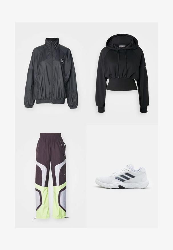 Black zip-up jacket featuring a high collar, elasticated cuffs, and a gathered waist. Made from lightweight, smooth fabric with a logo detail.; Black cropped hoodie with a drawstring hood, ribbed hem, and raglan sleeves. Features a logo on the left sleeve and a smooth texture.; adidas by Stella McCartney ASMC TP - Tracksuit bottoms - mineral red/pulse lime; White athletic shoe with mesh upper, three black stripes on the side, textured accents, and a sturdy rubber sole with a contrasting black section.