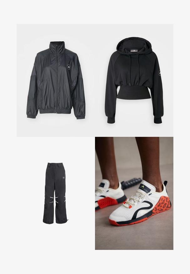 Svart zip-up jakke med høy krage, elastiske mansjetter og samlet midje. Laget av lett, glatt stoff med logodetalj.; Svart avkortet hettegenser med snøring i hetten, ribbet hem og raglanermer. Har en logo på venstre erme og en glatt tekstur.; Svarte vide bukser med refleksdetaljer på knærne, høy midje med beltehull, og et rundt logo på øvre høyre lår.; Hvite athletic sko med svart og oransje leopardmønster. Har en teksturert stoffoverdel, gummisåle og snøresystem.