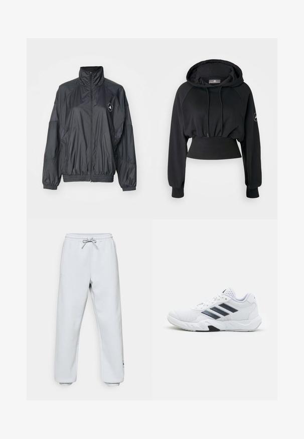 Schwarze Reißverschlussjacke mit hohem Kragen, elastischen Bündchen und gerafftem Bund. Hergestellt aus leichtem, glattem Stoff mit Logodetail.; Schwarze, verkürzte Kapuzenjacke mit Kordelzugkapuze, geripptem Saum und Raglanärmeln. Verfügt über ein Logo am linken Ärmel und eine glatte Textur.; Helle graue Sweatpants aus weichem Material. Mit einem elastischen Bund und Kordelzug, seitlichen Taschen und gerippten Bündchen an den Knöcheln.; Weißer Sportschuh mit Mesh-Obermaterial, drei schwarzen Streifen an der Seite, strukturierten Akzenten und einer robusten Gummisohle mit einem kontrastierenden schwarzen Bereich.