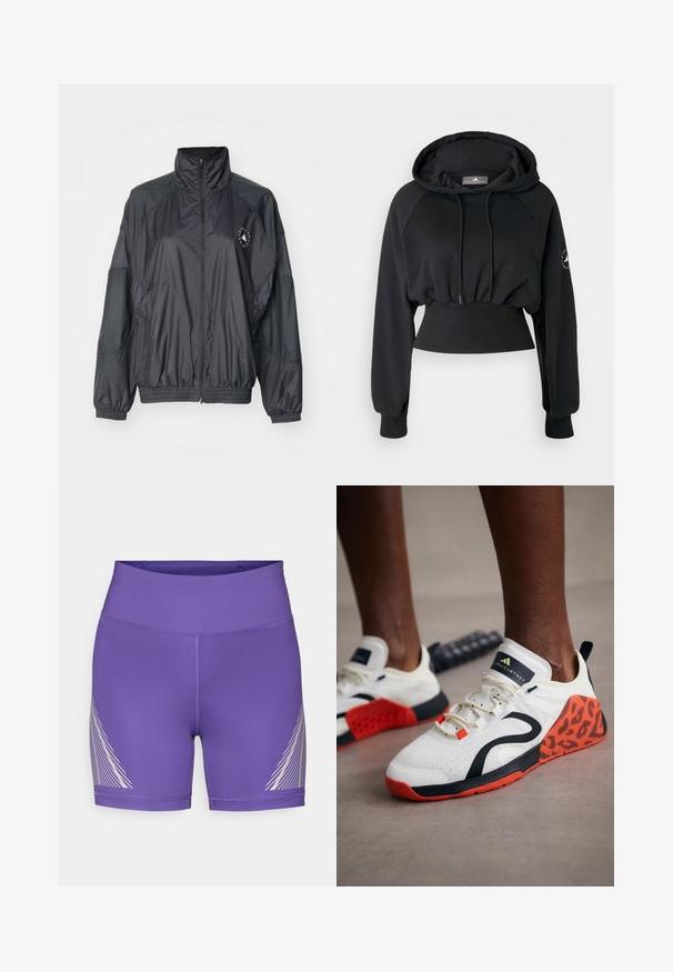 Jachetă neagră cu fermoar, cu guler înalt, manșete elasticizate și talie strânsă. Fabricată dintr-un material ușor, neted, cu un detaliu logo.; Hanorac negru scurt cu glugă ajustabilă, tiv cu nervuri și mâneci raglan. Prezintă un logo pe mâneca stângă și o textură fină.; Pantaloni scurți sportivi mov, confecționați dintr-un material elastic, cu talie înaltă și un model diagonal cu linii albe pe partea stângă.; Pantofi sport albi cu un accent leopard imprimat în negru și portocalie. Au un exterior din material texturat, talpă din cauciuc și un sistem de șireturi.