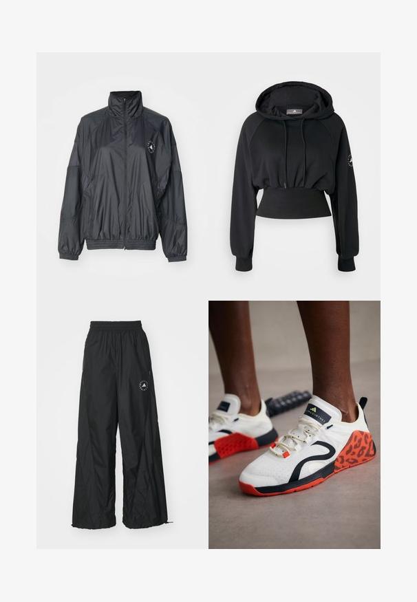 Black zip-up jacket featuring a high collar, elasticated cuffs, and a gathered waist. Made from lightweight, smooth fabric with a logo detail.; Black cropped hoodie with a drawstring hood, ribbed hem, and raglan sleeves. Features a logo on the left sleeve and a smooth texture.; adidas by Stella McCartney PANT - Tracksuit bottoms - carbon; White athletic shoes with a black and orange leopard print accent. Features a textured fabric upper, rubber sole, and lacing system.