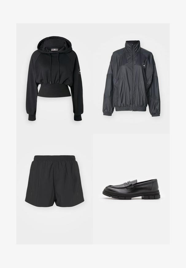 Fekete cipzáras dzseki magas gallérral, rugalmas mandzsettákkal és ráncolt derékkal. Könnyű, sima anyagból készült, logóval díszítve.; Fekete, rövidítve szabott kapucnis pulóver húzózsinórral, bordázott alján és raglán ujjakkal. Az egyik ujján logóval rendelkezik és sima tapintású.; Fekete futónadrág elasztikus derékkal, könnyű anyagból, texturált mintázattal, amely diszkrét oldalsó díszítésekkel rendelkezik.; Fekete bőr loaferek sima felülettel, elülső pánt részlettel és vastag, bordázott gumitalpakkal.
