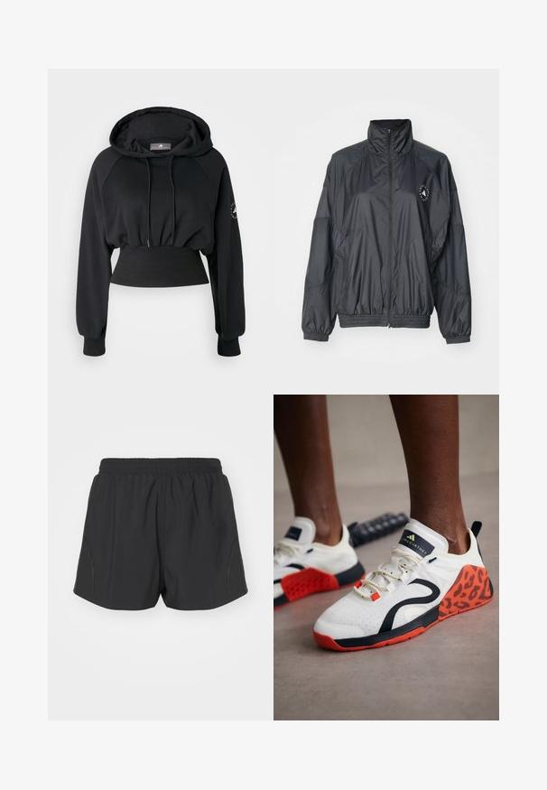 Melna zip-up jaka ar augstu apkakli, elastīgām piedurknēm un saskaitītu jostu. Izgatavota no viegla, gluda auduma ar logotipu.; Melnā īsajā kapucē ar pievilkšanas kapuci, ribotām apakšmalām un raglāna piedurknēm. Uz kreisās piedurknes ir logo, un tai ir gluda tekstūra.; Melni skriešanas šorti ar elastīgu jostasvietu, viegls audums un teksturēts dizains ar smalkām sānu akcentiem.; Baltas sporta apavi ar melnu un oranžu leoparda raksta akcentu. Iezīmes teksturēts auduma augšdaļa, gumijas zole un šņorēšanas sistēma.