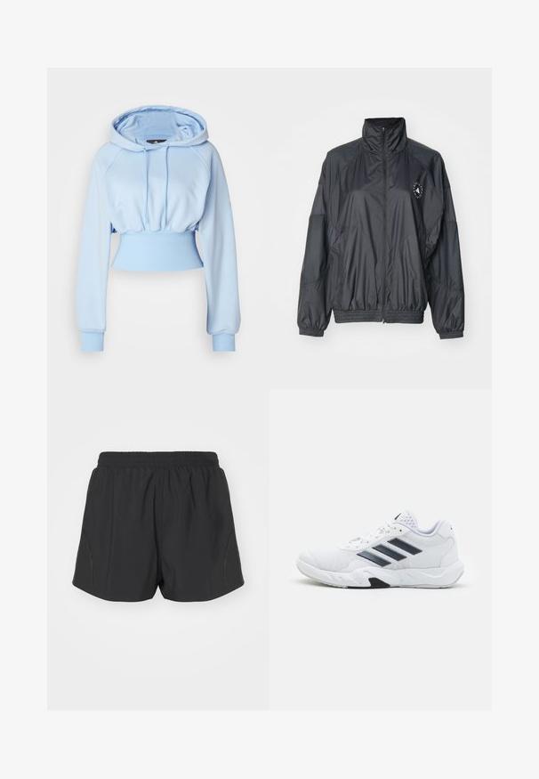 Casaco preto com fecho éclair, apresentando uma gola alta, punhos elásticos e uma cintura franzida. Feito de tecido leve e suave, com um detalhe de logotipo.; adidas by Stella McCartney HOODIE - Sweatshirt com capuz - glow blue; Calções de corrida pretos com cintura elástica, tecido leve e design texturizado com subtis detalhes laterais.; Tênis atlético branco com parte superior em malha, três listras pretas de cada lado, detalhes texturizados e uma sola de borracha resistente com uma seção preta contrastante.