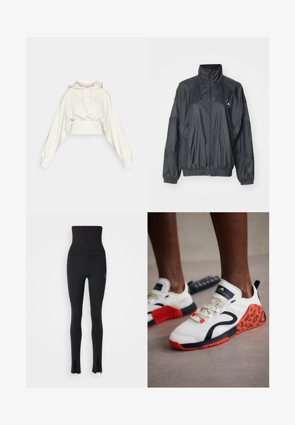 Musta vetoketjullinen takki, jossa on korkea kaulus, joustavat hihansuut ja kerrottu vyötärö. Valmistettu kevyestä, sileästä kankaasta, jossa on logotyyppinen yksityiskohta.; Lyhennetty huppari pehmeästä valkoisesta kankaasta, jossa on pitkät, tilavat hihat ja nyöritettävä huppu. Joustava, rypytetty vyötärö.; adidas by Stella McCartney Trikoot - black; Valkoiset urheilukengät, joissa on musta ja oranssi leopardikuviointi. Ominaisuuksiin kuuluu teksturoitu kangas yläosa, kumipohja ja nauhoitusjärjestelmä.