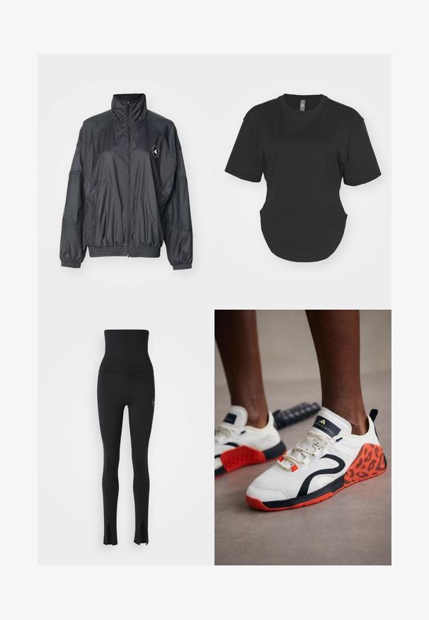 Musta vetoketjullinen takki, jossa on korkea kaulus, joustavat hihansuut ja kerrottu vyötärö. Valmistettu kevyestä, sileästä kankaasta, jossa on logotyyppinen yksityiskohta.; Mustan lyhythihaisen T-paidan on valmistettu puuvillasta. Pyöreä kaula-aukko, jossa on kaareva helma ja sivurei'ät. Sujuva tekstuuri, rento istuvuus.; adidas by Stella McCartney Trikoot - black; Valkoiset urheilukengät, joissa on musta ja oranssi leopardikuviointi. Ominaisuuksiin kuuluu teksturoitu kangas yläosa, kumipohja ja nauhoitusjärjestelmä.
