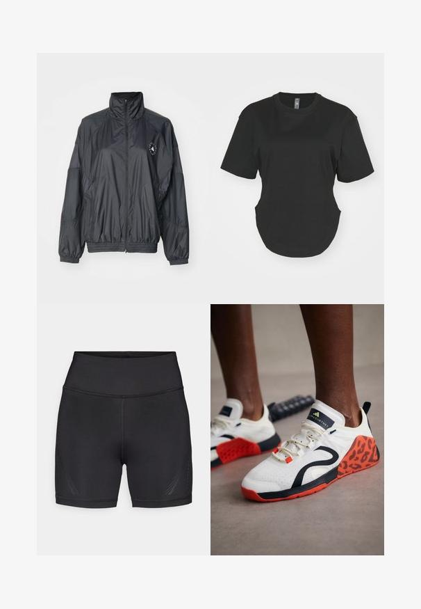 Black zip-up jacket featuring a high collar, elasticated cuffs, and a gathered waist. Made from lightweight, smooth fabric with a logo detail.; Black short-sleeve T-shirt made of cotton. Round neckline with a curved hem and side slits. Smooth texture, casual fit.; Black athletic shorts made of stretchy, lightweight fabric. High waistband, smooth seams, with subtle side patterns for added detail.; White athletic shoes with a black and orange leopard print accent. Features a textured fabric upper, rubber sole, and lacing system.