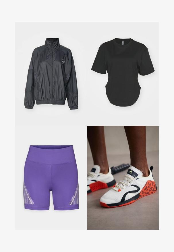 Black zip-up jacket featuring a high collar, elasticated cuffs, and a gathered waist. Made from lightweight, smooth fabric with a logo detail.; Black short-sleeve T-shirt made of cotton. Round neckline with a curved hem and side slits. Smooth texture, casual fit.; Purple athletic shorts made of stretch fabric with a high waistband and a diagonal white line pattern on the left side.; White athletic shoes with a black and orange leopard print accent. Features a textured fabric upper, rubber sole, and lacing system.